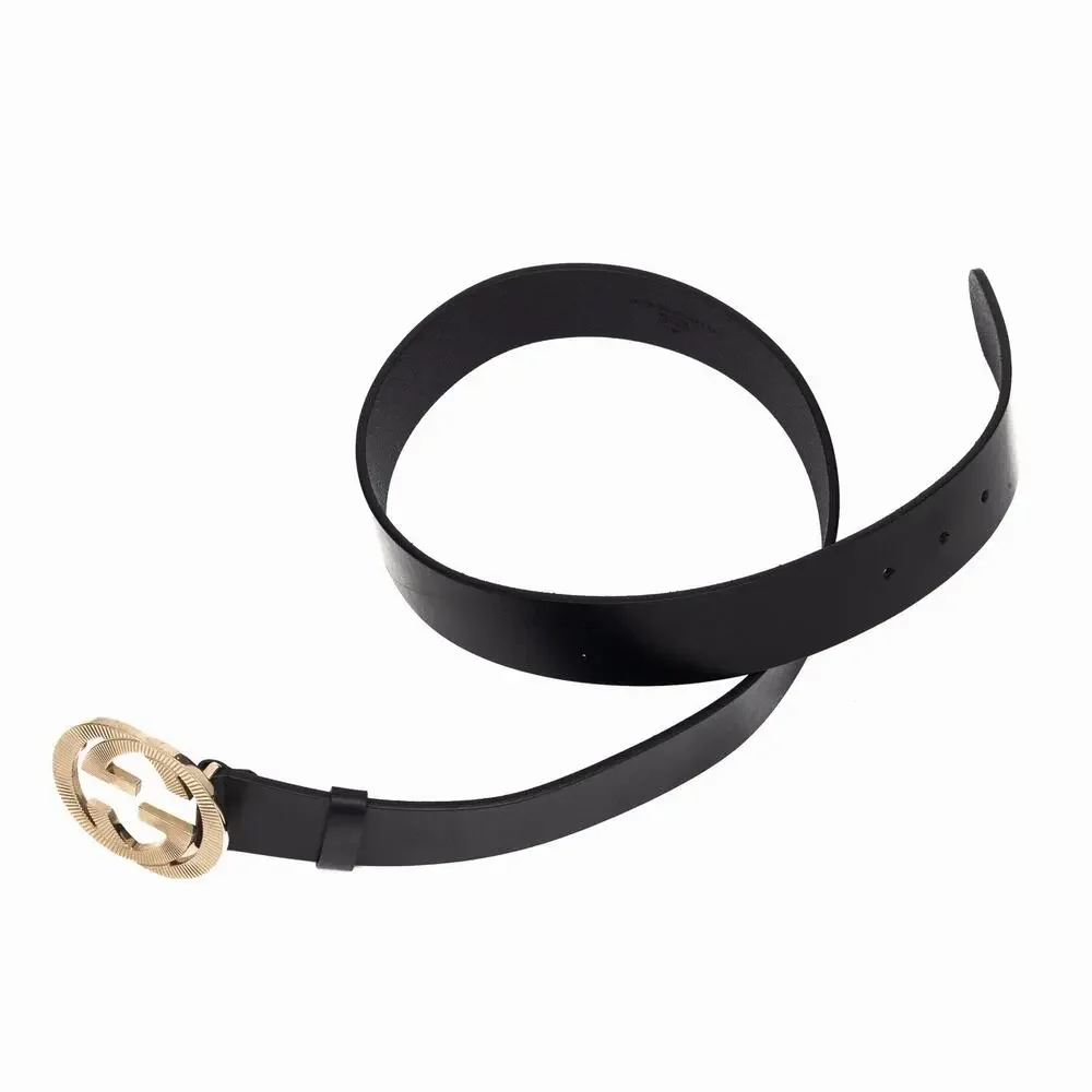 570$ GUCCI Black Leather Belt Gold-Tone Textured Interlocking GG Buckle 85/34